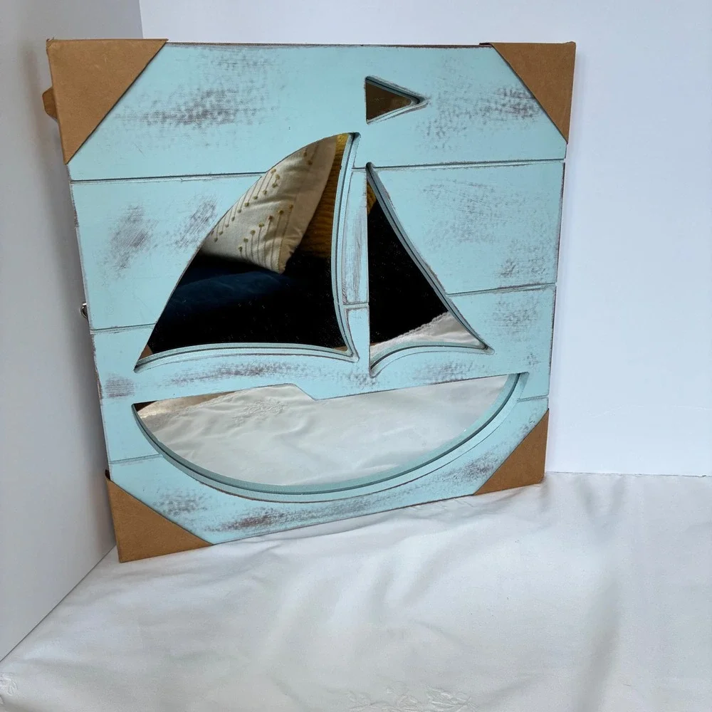Sailboat Wall Mirror Wood Nautical Nursery Coastal Beach House Shabby Chic